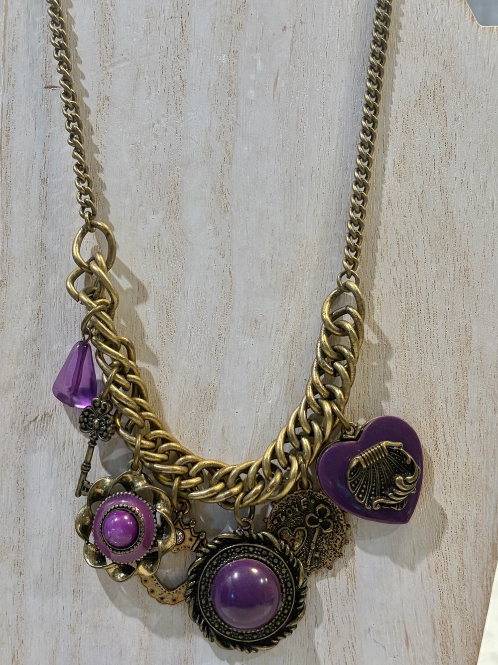 Chunky Charm Statement Necklace, Antique Brass